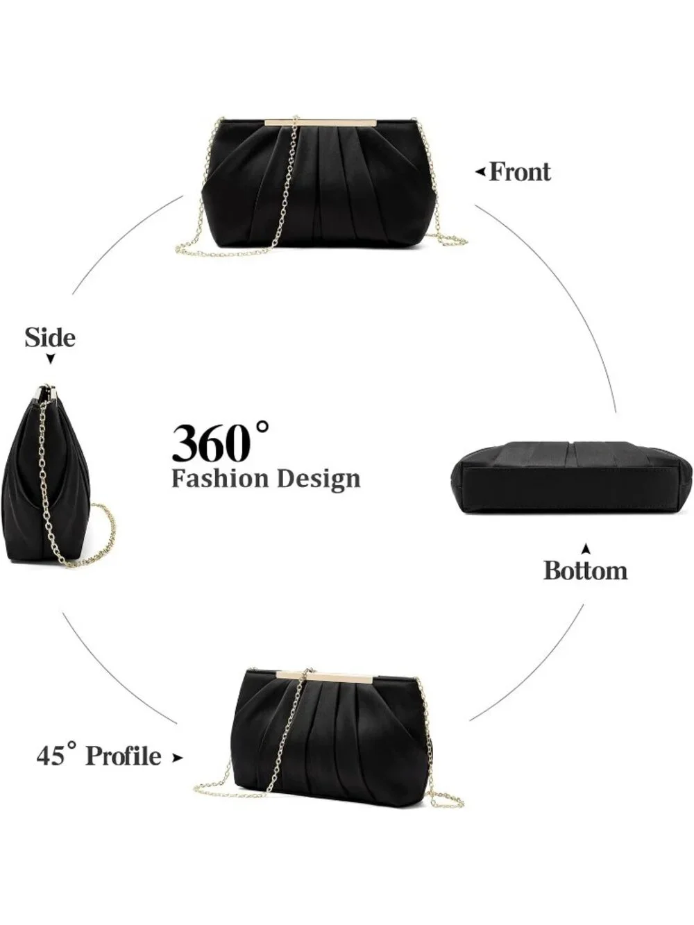 👜 Women's Black Satin Evening Bag Elegant Pleated Formal Clutch With Chain